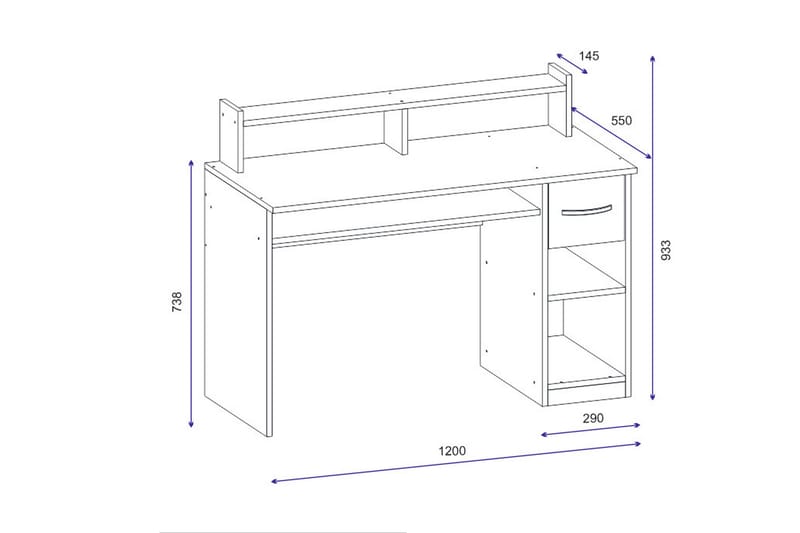 Yemisen Skrivebord 120 cm med Opbevaring Skuffe + Hylder - Hvid - Skrivebord