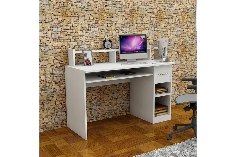 Yemisen Skrivebord 120 cm med Opbevaring Skuffe + Hylder - Hvid - Møbler - Borde - Kontorbord - Skrivebord