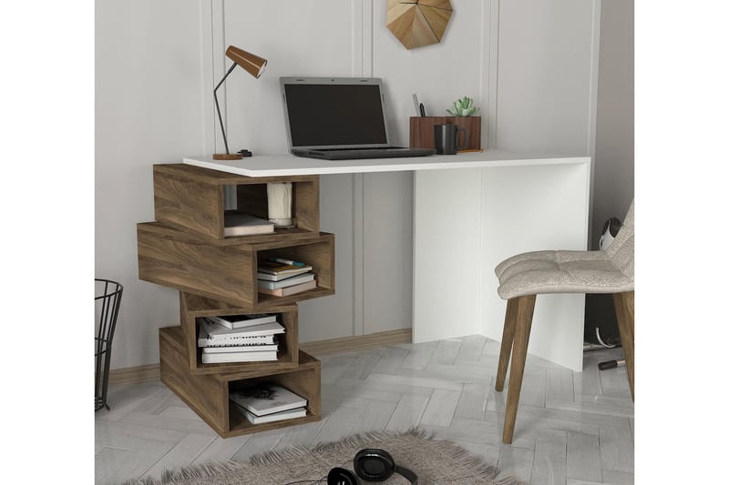 Yengall Skrivebord 130 cm med Opbevaring Hylder - Hvid/Valnøddebrun - Skrivebord