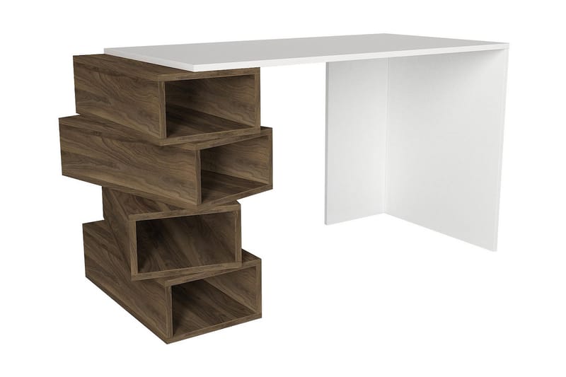 Yengall Skrivebord 130 cm med Opbevaring Hylder - Hvid/Valnøddebrun - Møbler - Borde - Kontorbord - Skrivebord