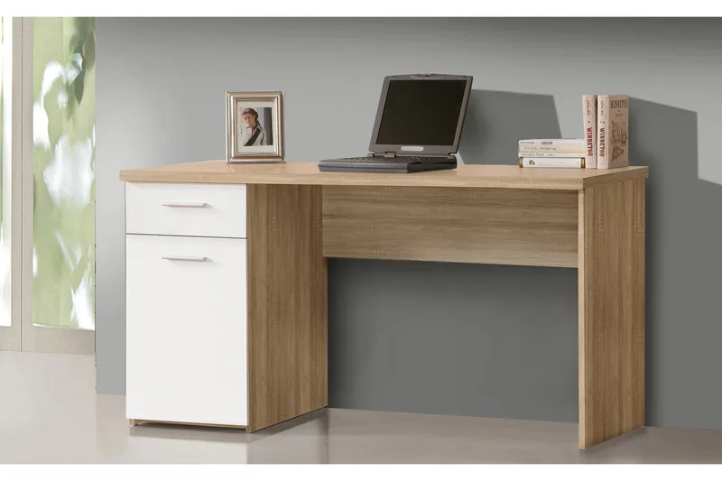 Zafeer Skrivebord 140 cm med Opbevaring Skuffe + Skab, Brun/Hvid