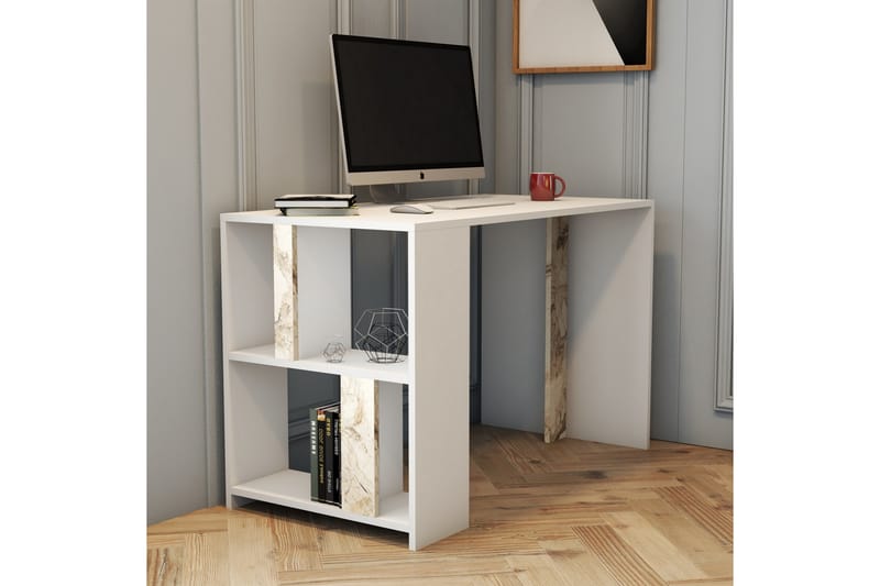 Timiza Skrivebord 120 cm med Opbevaring Hylde Marmormønster - Hvid - Skrivebord
