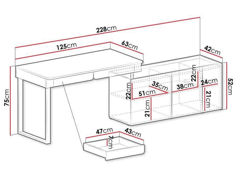 Travic Skrivebord 228 cm med Opbevaring i Træ med Egetræsudseende - Brun - Møbler - Borde - Kontorbord - Skrivebord