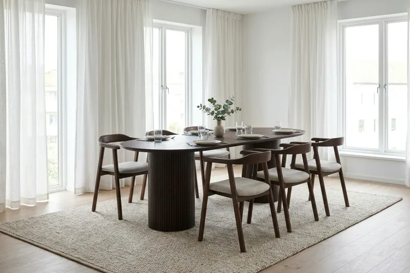 Kopparbo ovalt spisebordssæt 180 cm røget eg med 6 Jolie spisebordsstole - Møbler - Borde - Spisebordssæt