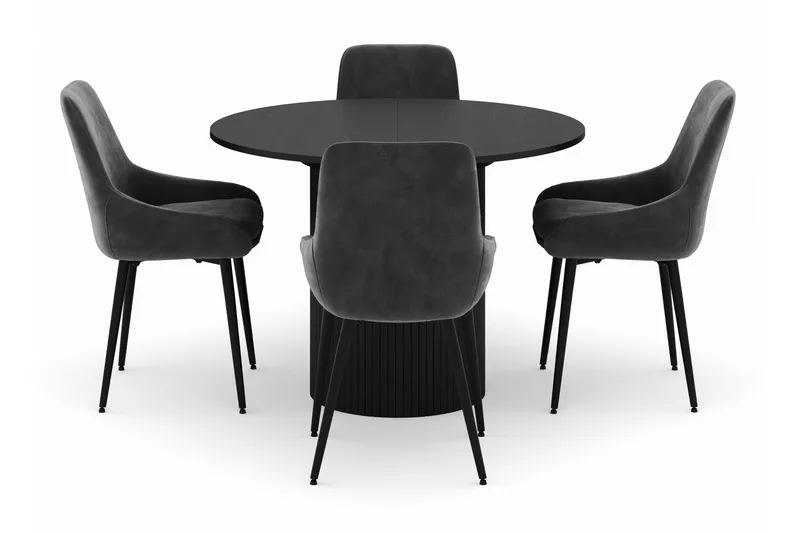 Kopparbo Rund Spisegruppe 106-156cm med 4 Alsarp Spisestole - Sort - Møbler - Borde - Spisebordssæt