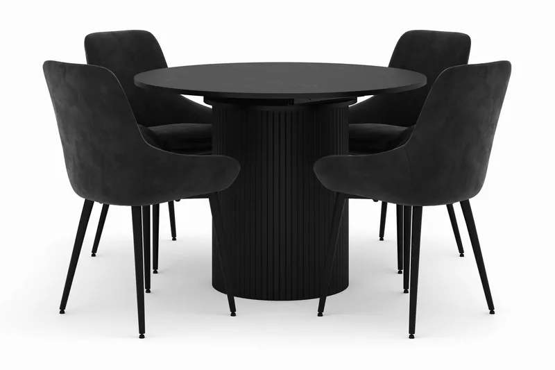 Kopparbo Rund Spisegruppe 106-156cm med 4 Alsarp Spisestole, Sort