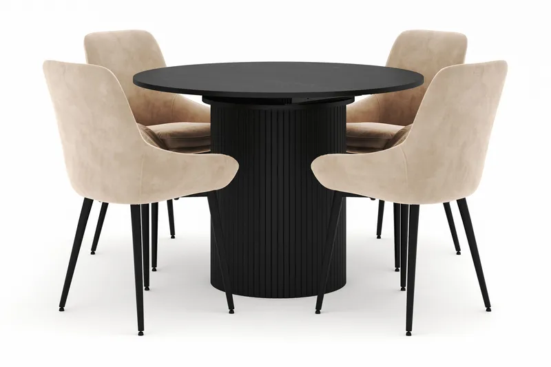 Kopparbo Rund Spisegruppe 106-156cm med 4 Alsarp Spisestole, Sort