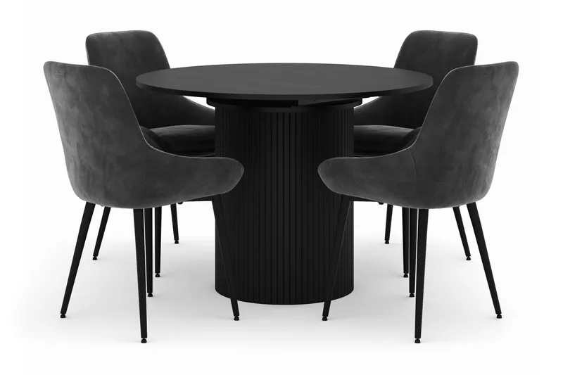 Kopparbo Rund Spisegruppe 106-156cm med 4 Alsarp Spisestole, Sort