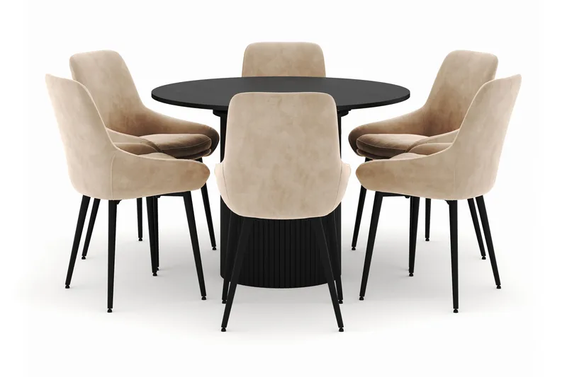 Kopparbo Rund Spisegruppe 106-156cm med 6 Alsarp Spisestole, Sort