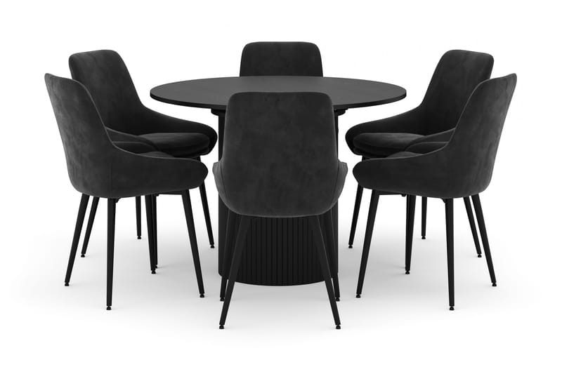 Kopparbo Rund Spisegruppe 106-156cm med 6 Alsarp Spisestole, Sort