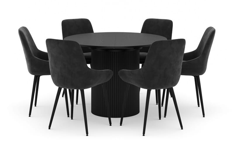 Kopparbo Rund Spisegruppe 106-156cm med 6 Alsarp Spisestole - Sort - Møbler - Borde - Spisebordssæt