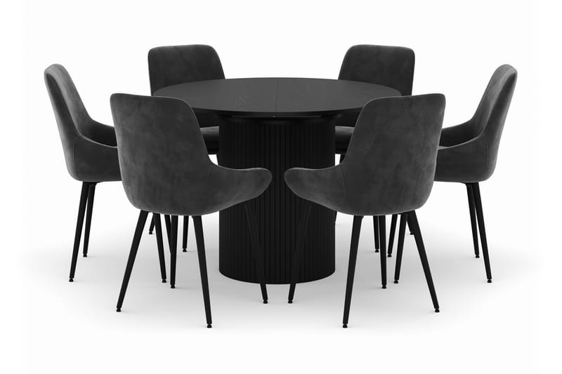 Kopparbo Rund Spisegruppe 106-156cm med 6 Alsarp Spisestole - Sort - Møbler - Borde - Spisebordssæt