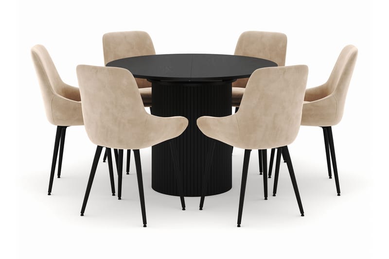 Kopparbo Rund Spisegruppe 106-156cm med 6 Alsarp Spisestole - Sort - Møbler - Borde - Spisebordssæt