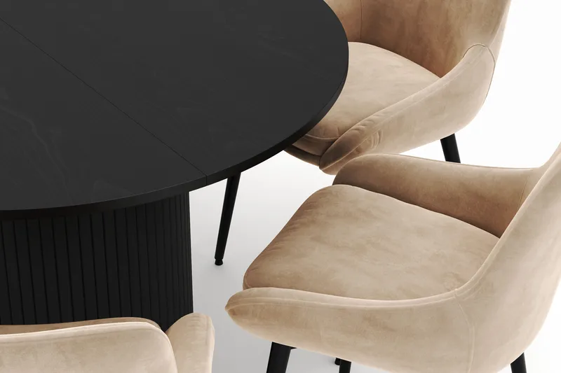 Kopparbo Rund Spisegruppe 106-156cm med 6 Alsarp Spisestole - Sort - Møbler - Borde - Spisebordssæt