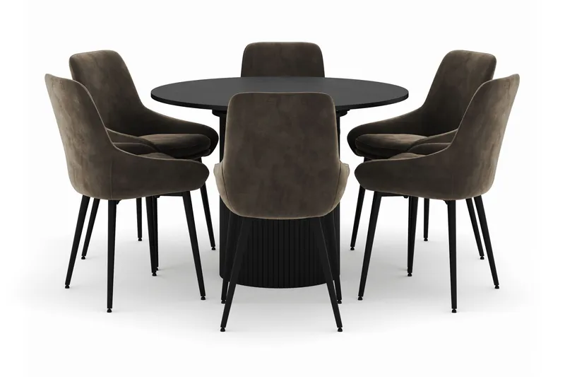 Kopparbo Rund Spisegruppe 106-156cm med 6 Alsarp Spisestole, Sort