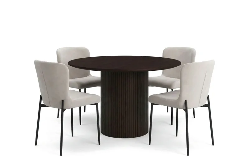 Kopparbo rund spisegruppe 110 cm i røget eg med 4 Elsie-spisestole, Røget eg