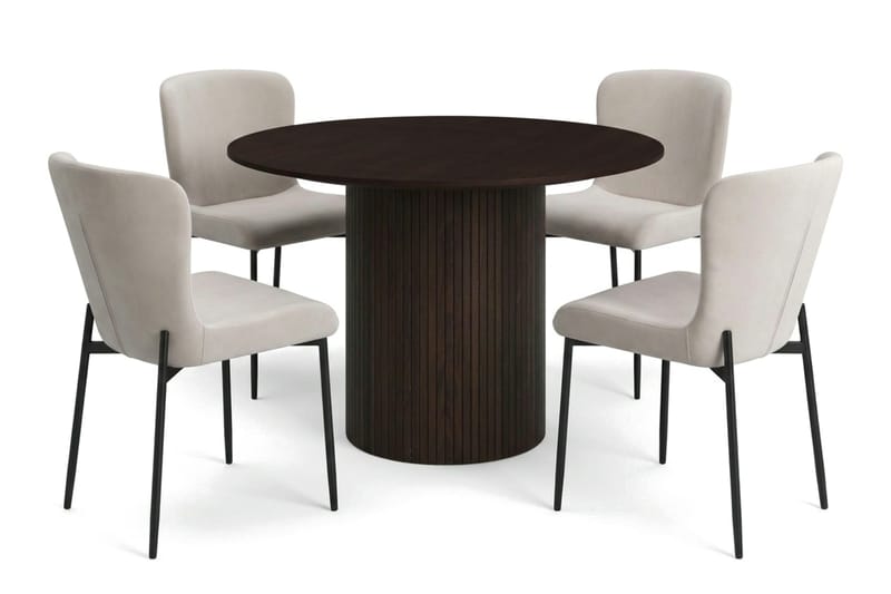 Kopparbo rund spisegruppe 110 cm i røget eg med 4 Elsie-spisestole - Røget eg/Beige - Møbler - Borde - Spisebordssæt
