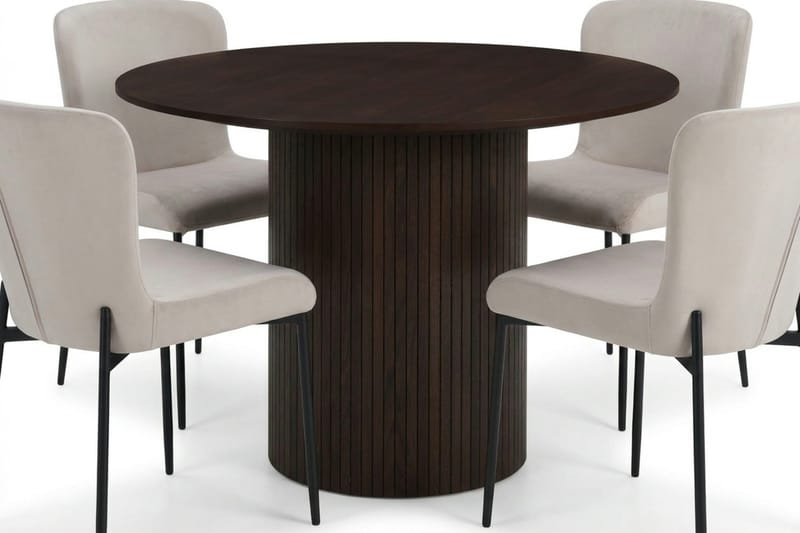 Kopparbo rund spisegruppe 110 cm i røget eg med 4 Elsie-spisestole - Røget eg/Beige - Møbler - Borde - Spisebordssæt