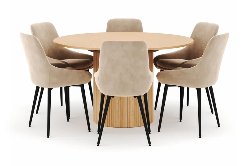 Kopparbo Rund Spisegruppe 130-150 cm 6 Alsarp Spisestole, Nature