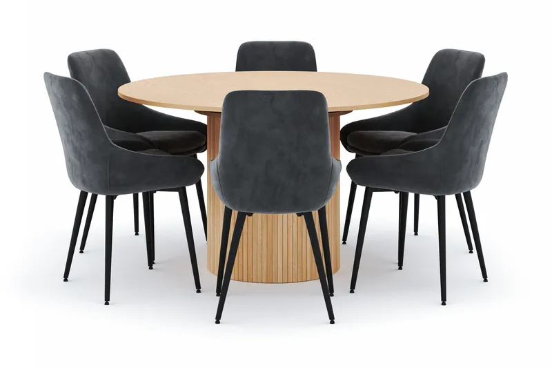 Kopparbo Rund Spisegruppe 130-150 cm 6 Alsarp Spisestole, Nature