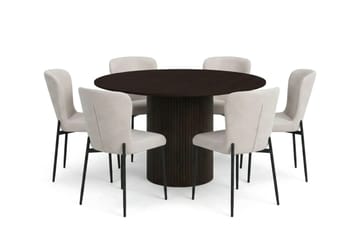 Kopparbo rund spisegruppe 130 cm i røget eg med 6 Elsie-spisestole - Røget eg/Beige - Møbler - Borde - Spisebordssæt