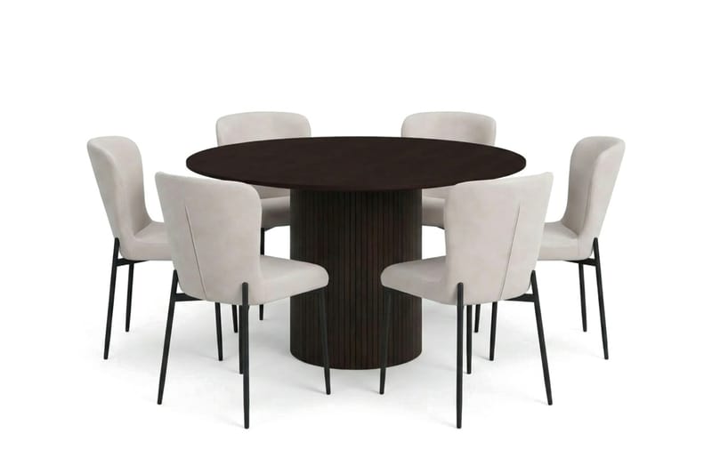 Kopparbo rund spisegruppe 130 cm i røget eg med 6 Elsie-spisestole - Røget eg/Beige - Møbler - Borde - Spisebordssæt