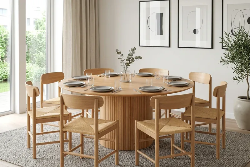 Kopparbo rund spisegruppe 180 cm eg med 8 Malte spisebordsstole - Eg - Møbler - Borde - Spisebordssæt