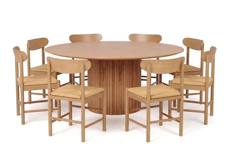 Kopparbo rund spisegruppe 180 cm eg med 8 Malte spisebordsstole, Eg