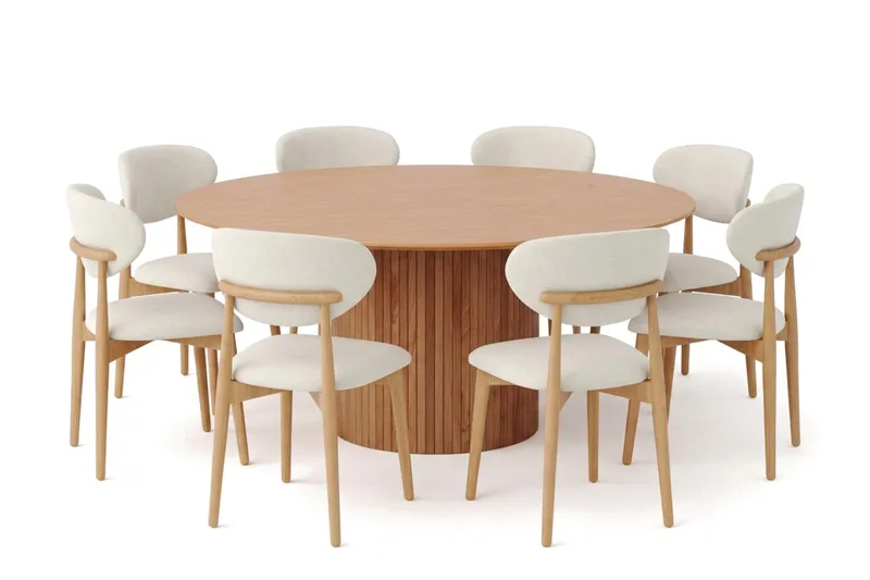 Kopparbo rund spisegruppe 180 cm Eg med 8 Molly-spisebordsstole, Eg