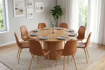 Kopparbo rund spisegruppe 180 cm eg med 8 Nibe-spisestole - Eg - Møbler - Borde - Spisebordssæt