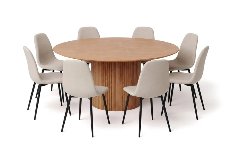 Kopparbo rund spisegruppe 180 cm eg med 8 Nibe-spisestole, Eg