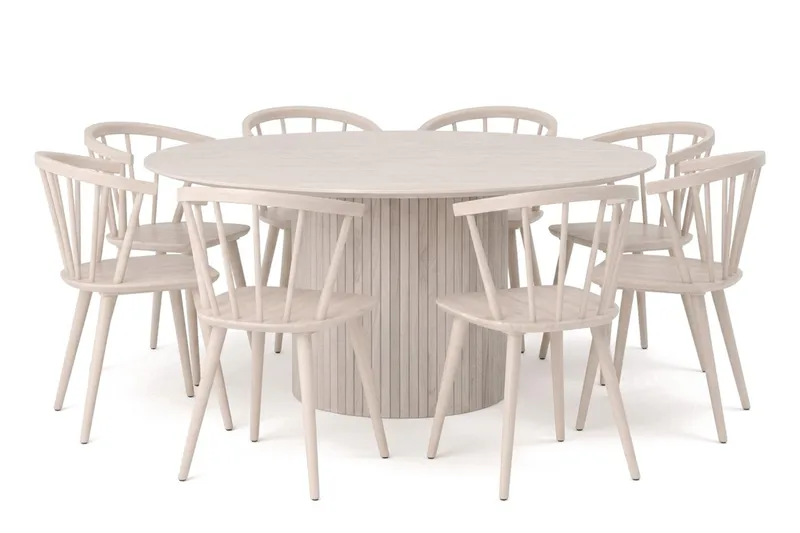 Kopparbo rund spisegruppe 180 cm hvidbejdset med 8 Tyrö-spisestole, Hvidbejdset