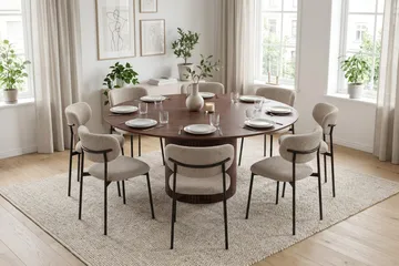 Kopparbo rund spisegruppe 180 cm i valnød med 8 Lucy-spisebordsstole - Valnød - Møbler - Borde - Spisebordssæt