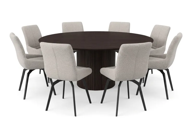 Kopparbo rund spisegruppe 180 cm røget eg med 8 Mora-spisestole, Røget eg