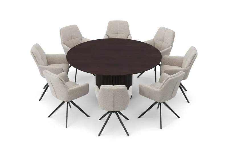 Kopparbo rund spisegruppe 180 cm røget eg med 8 Torsby-spisestole - Røget eg - Møbler - Borde - Spisebordssæt