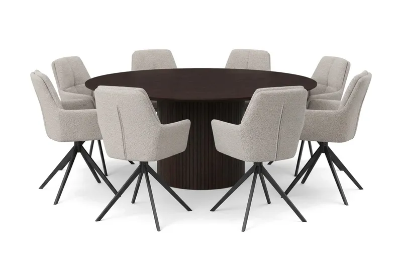 Kopparbo rund spisegruppe 180 cm røget eg med 8 Torsby-spisestole, Røget eg