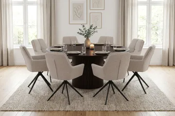 Kopparbo rund spisegruppe 180 cm røget eg med 8 Torsby-spisestole - Røget eg - Møbler - Borde - Spisebordssæt