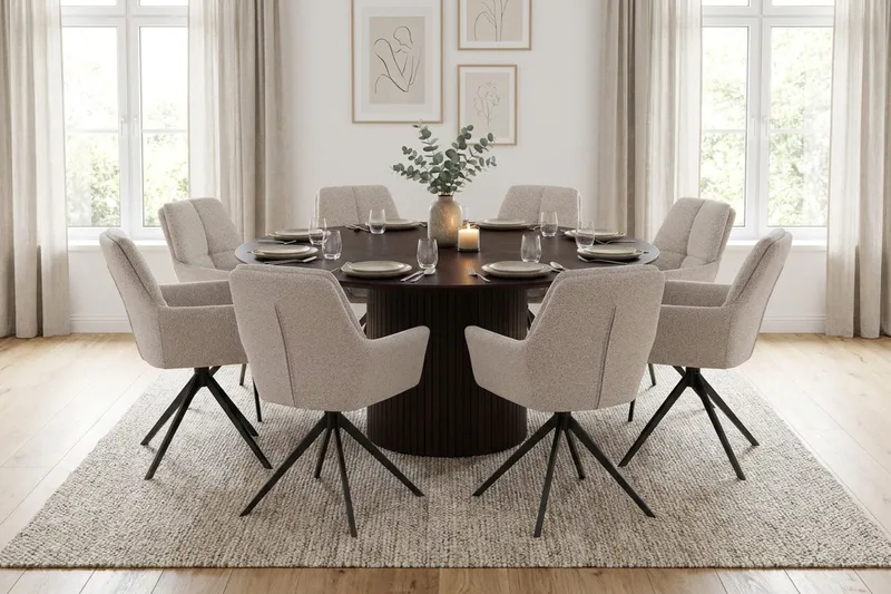 Kopparbo rund spisegruppe 180 cm røget eg med 8 Torsby-spisestole - Røget eg - Møbler - Borde - Spisebordssæt