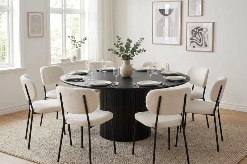 Kopparbo rund spisegruppe 180 cm sort med 8 Gemmiano-spisestole - Sortbejdset eg - Møbler - Borde - Spisebordssæt