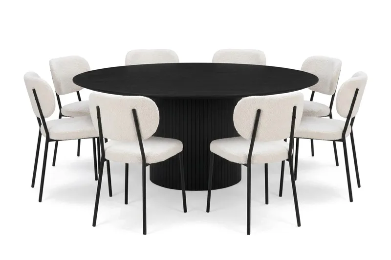 Kopparbo rund spisegruppe 180 cm sort med 8 Gemmiano-spisestole, Sortbejdset eg