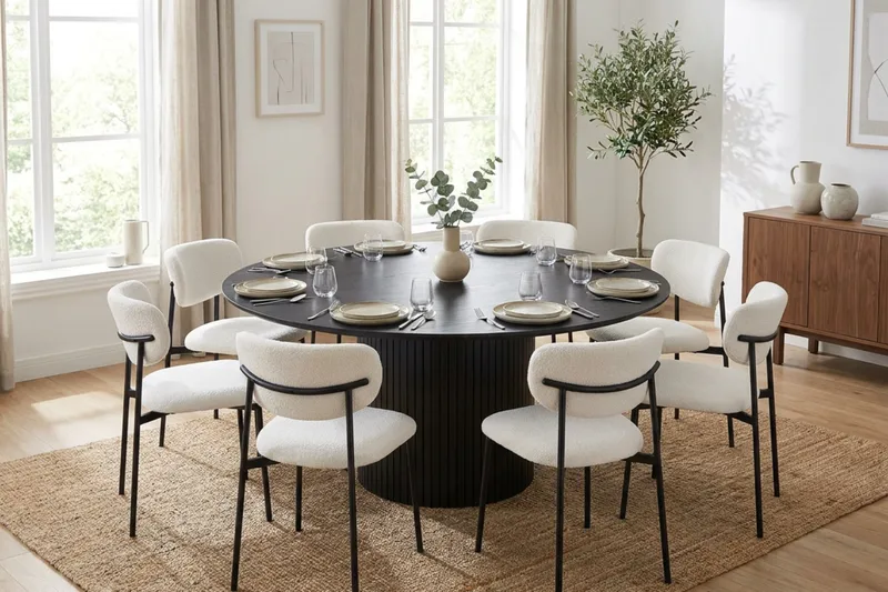 Kopparbo rund spisegruppe 180 cm sort med 8 Lucy-spisestole - Sort - Møbler - Borde - Spisebordssæt