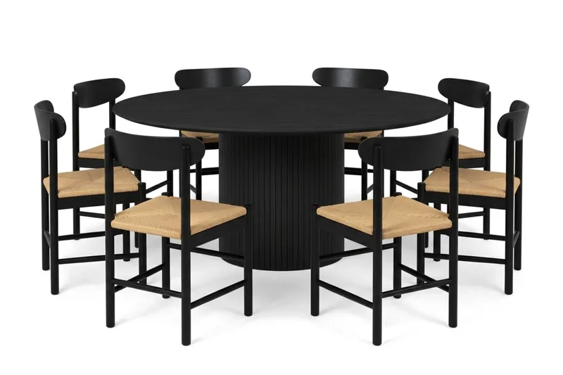 Kopparbo rund spisegruppe 180 cm sort med 8 Malte spisebordsstole