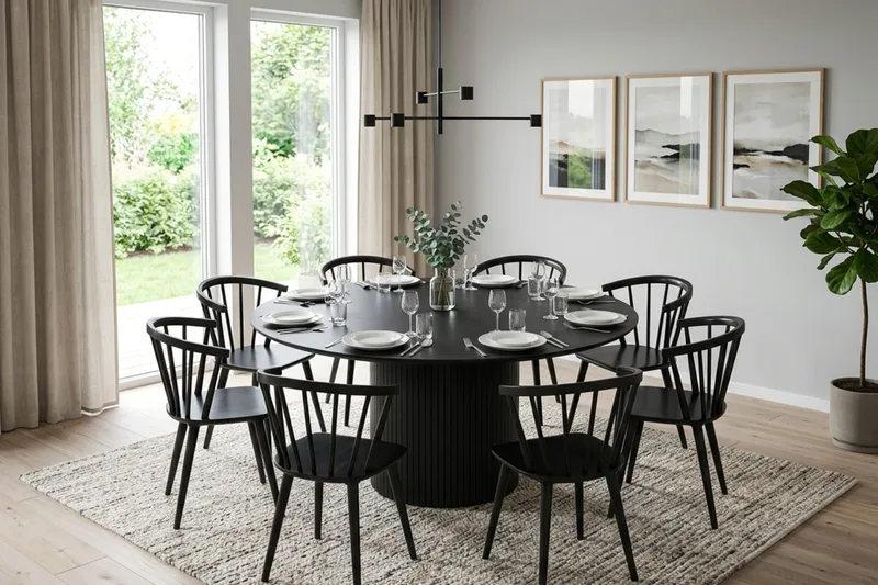 Kopparbo rund spisegruppe 180 cm sort med 8 Tyrö-spisestole - Sort - Møbler - Borde - Spisebordssæt