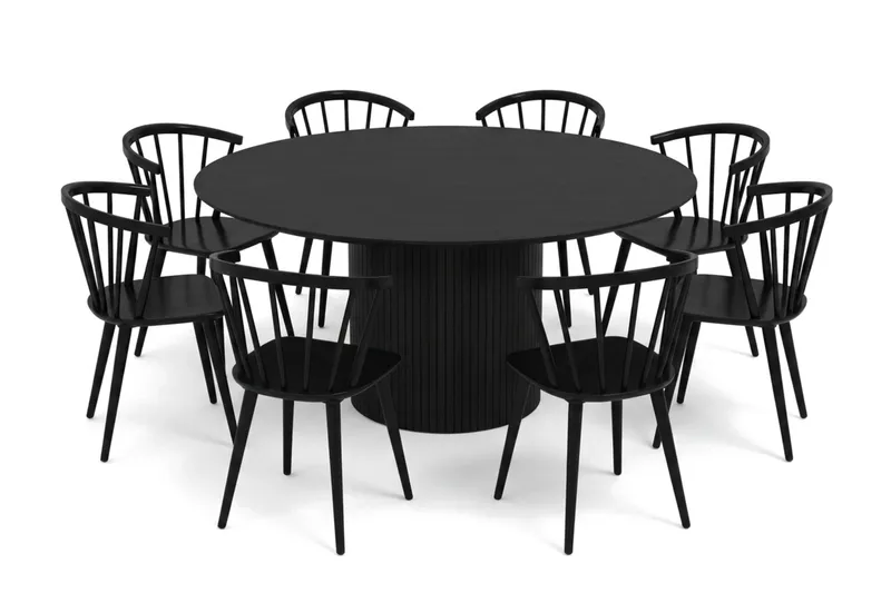 Kopparbo rund spisegruppe 180 cm sort med 8 Tyrö-spisestole, Sort
