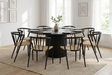 Kopparbo rund spisegruppe 180 cm sort med 8 Winston-spisestole - Sort - Møbler - Borde - Spisebordssæt