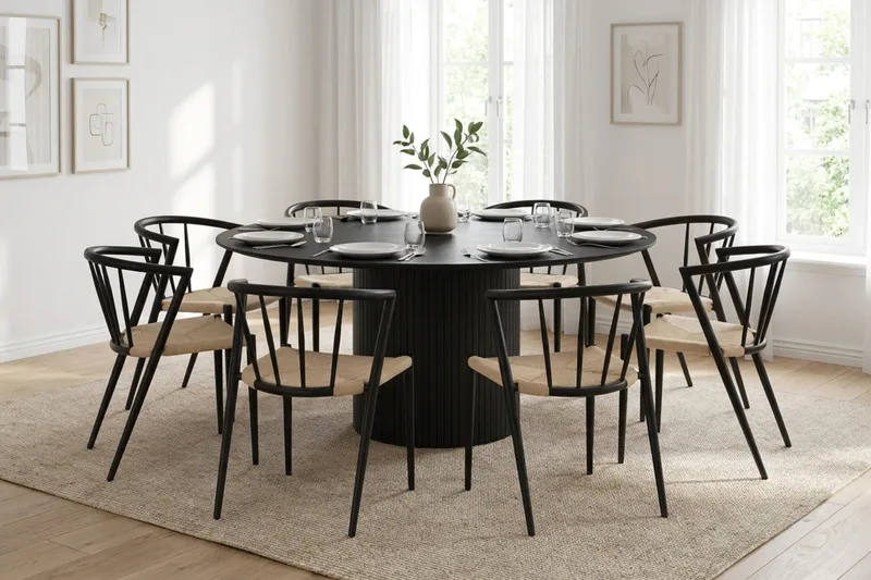 Kopparbo rund spisegruppe 180 cm sort med 8 Winston-spisestole - Sort - Møbler - Borde - Spisebordssæt