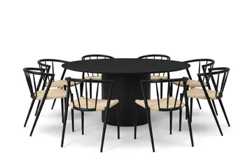 Kopparbo rund spisegruppe 180 cm sort med 8 Winston-spisestole - Sort - Møbler - Borde - Spisebordssæt