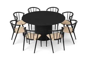 Kopparbo rund spisegruppe 180 cm sort med 8 Winston-spisestole - Sort - Møbler - Borde - Spisebordssæt