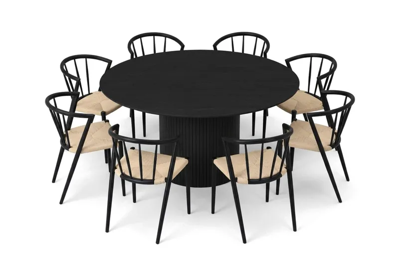 Kopparbo rund spisegruppe 180 cm sort med 8 Winston-spisestole - Sort - Møbler - Borde - Spisebordssæt