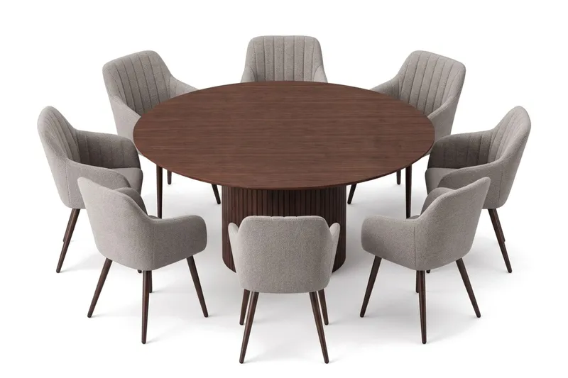 Kopparbo rund spisegruppe 180 cm Valnød med 8 Filippa-spisebordsstole - Valnød - Møbler - Borde - Spisebordssæt